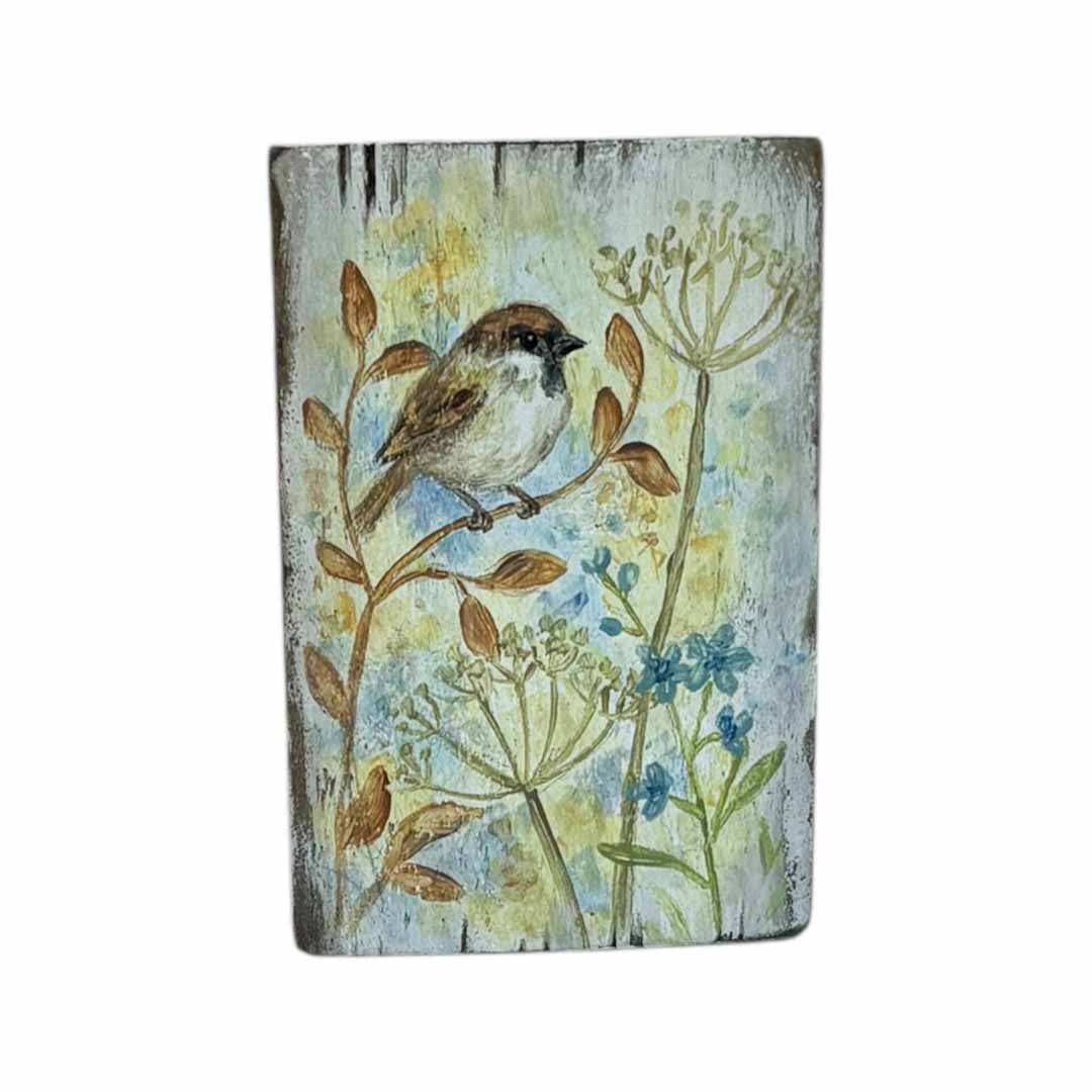 Hand Painted Sparrow Wooden Tile - Jenny Blue Art_Just Makers