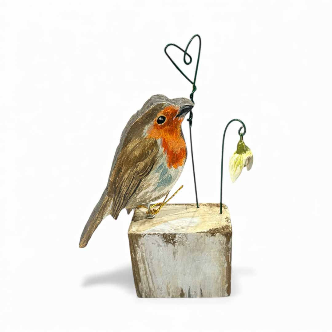Hand Painted Wooden Robin and Ceramic Snowdrop on Stand - Jenny Blue Art_Just Makers