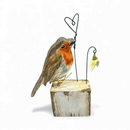 Hand Painted Wooden Robin and Ceramic Snowdrop on Stand - Jenny Blue Art_Just Makers