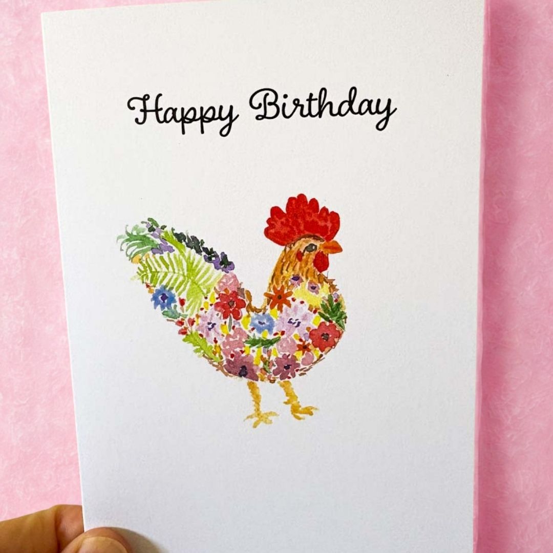 Birthday card with a colorful rooster design and &