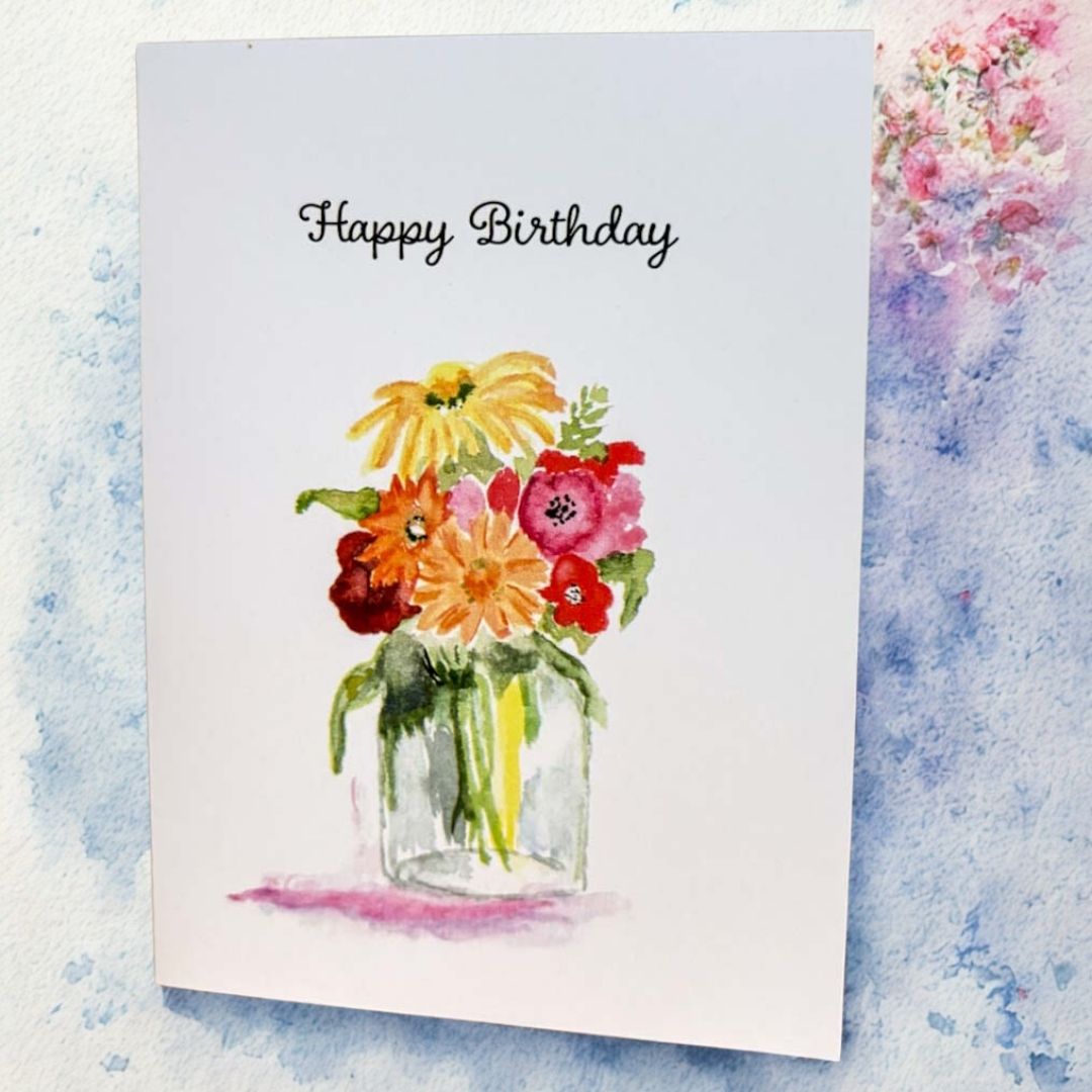 Birthday card with a bouquet of flowers in a jar and &