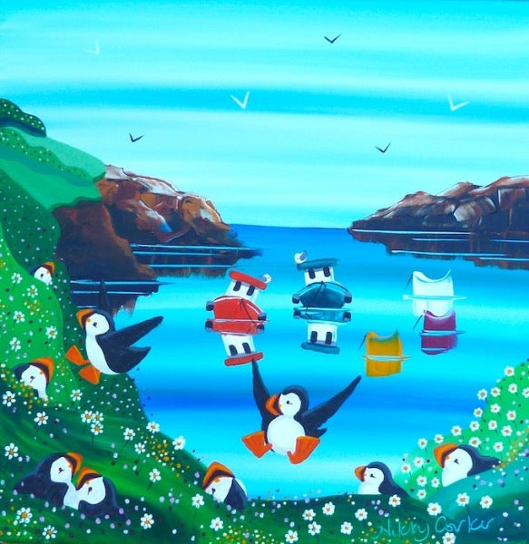 Cartoon penguins and characters in a coastal scene with water and cliffs_Nikky Corker_just makers