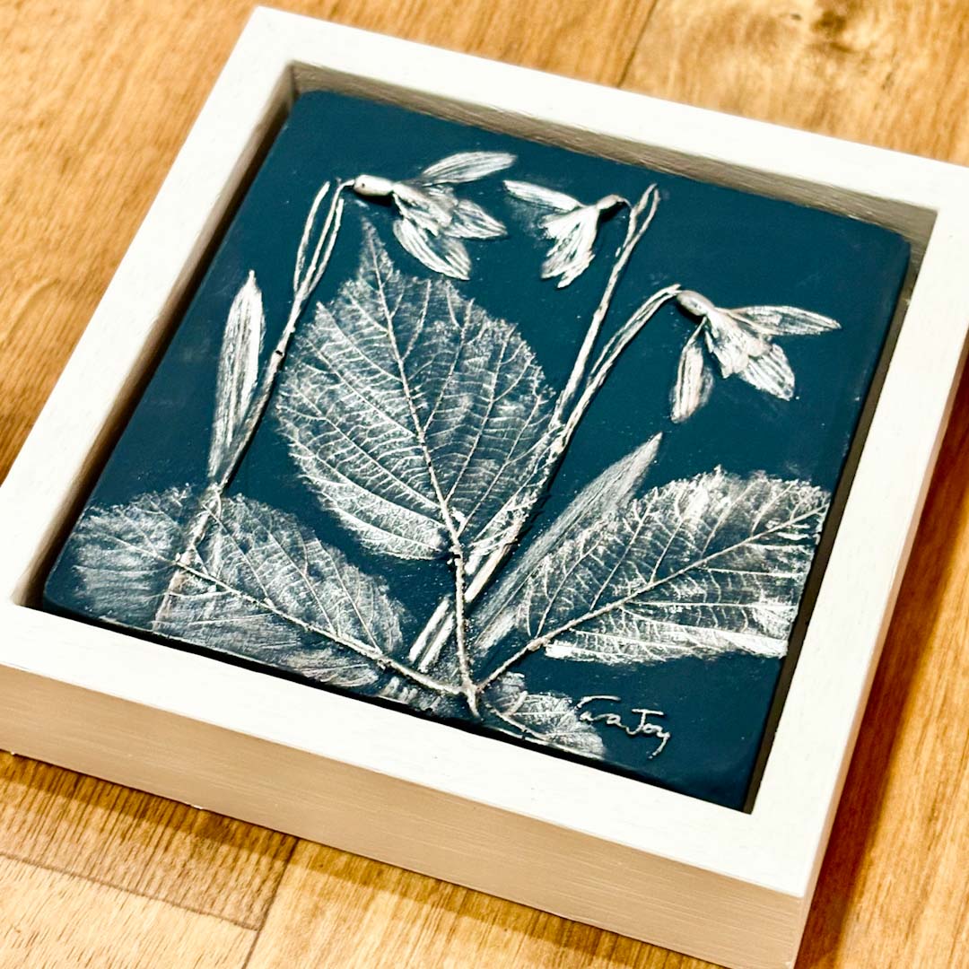 Deep Blue and Silver Snowdrop Botanical Cast in White Frame - Tara Joy