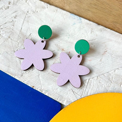 Wooden Flower Stud Lilac and Green Earrings - Red Paper House