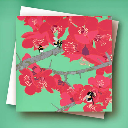 Japanese Quince and Bees Greeting Card - Umbellifer_Just Makers