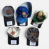 Set of six felted brooches in various colors on display cards with labels.