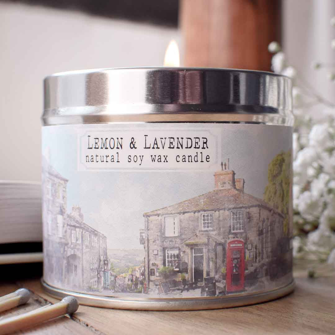 Lemon &amp; Lavender candle in a tin with a scenic label on a wooden surface_Just Makers