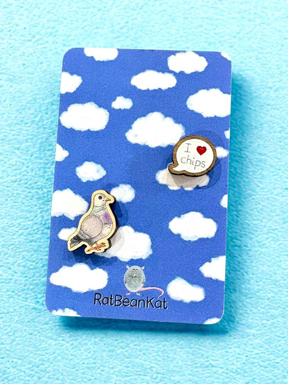 Little Pigeon Loves Chips Wooden Earrings - Rat Bean Kat_Just Makers