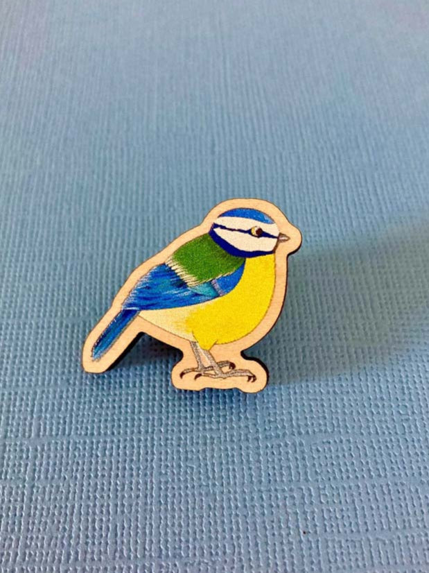 Little Wooden Blue Tit Pin Badge - Rat Bean Kat_Just Makers