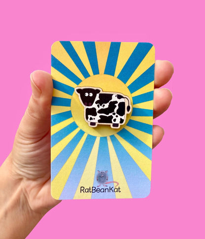 Little Wooden Cow Pin Badge - Rat Bean Kat_Just Makers