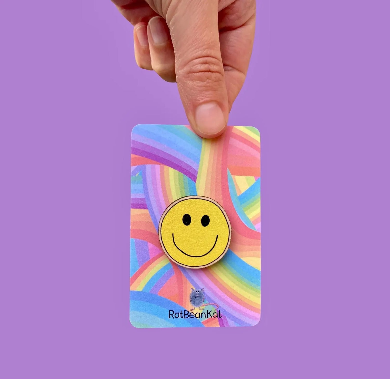 Little Wooden Happy Face Pin Badge - Rat Bean Kat_Just Makers
