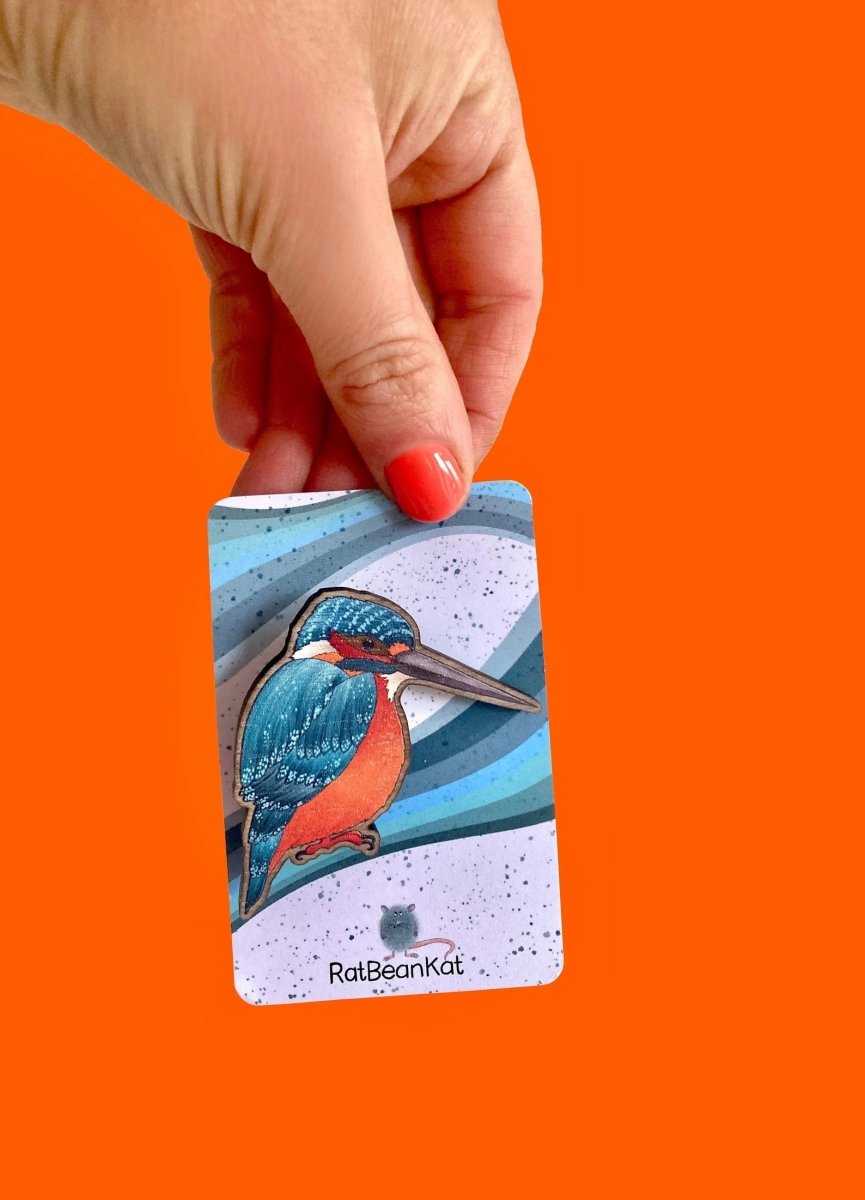 Little Wooden Kingfisher Brooch - Rat Bean Kat - Just Makers Rat Bean Kat