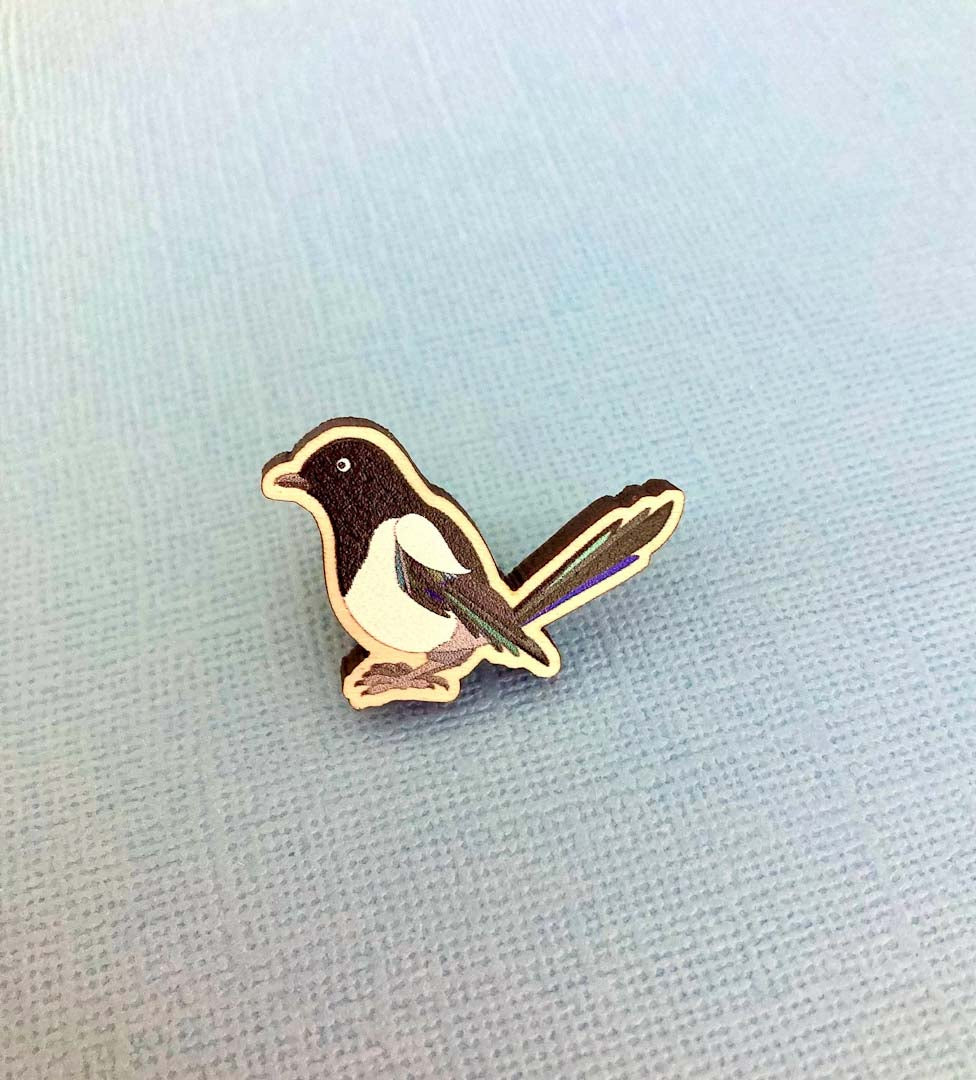Little Wooden Magpie Pin Badge - Rat Bean Kat_Just Makers