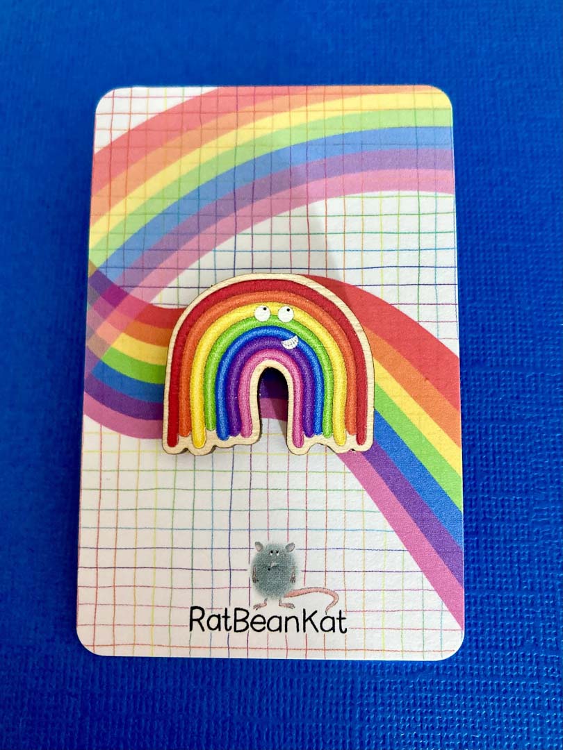 Little Wooden Rainbow Pin Badge - Rat Bean Kat_Just Makers