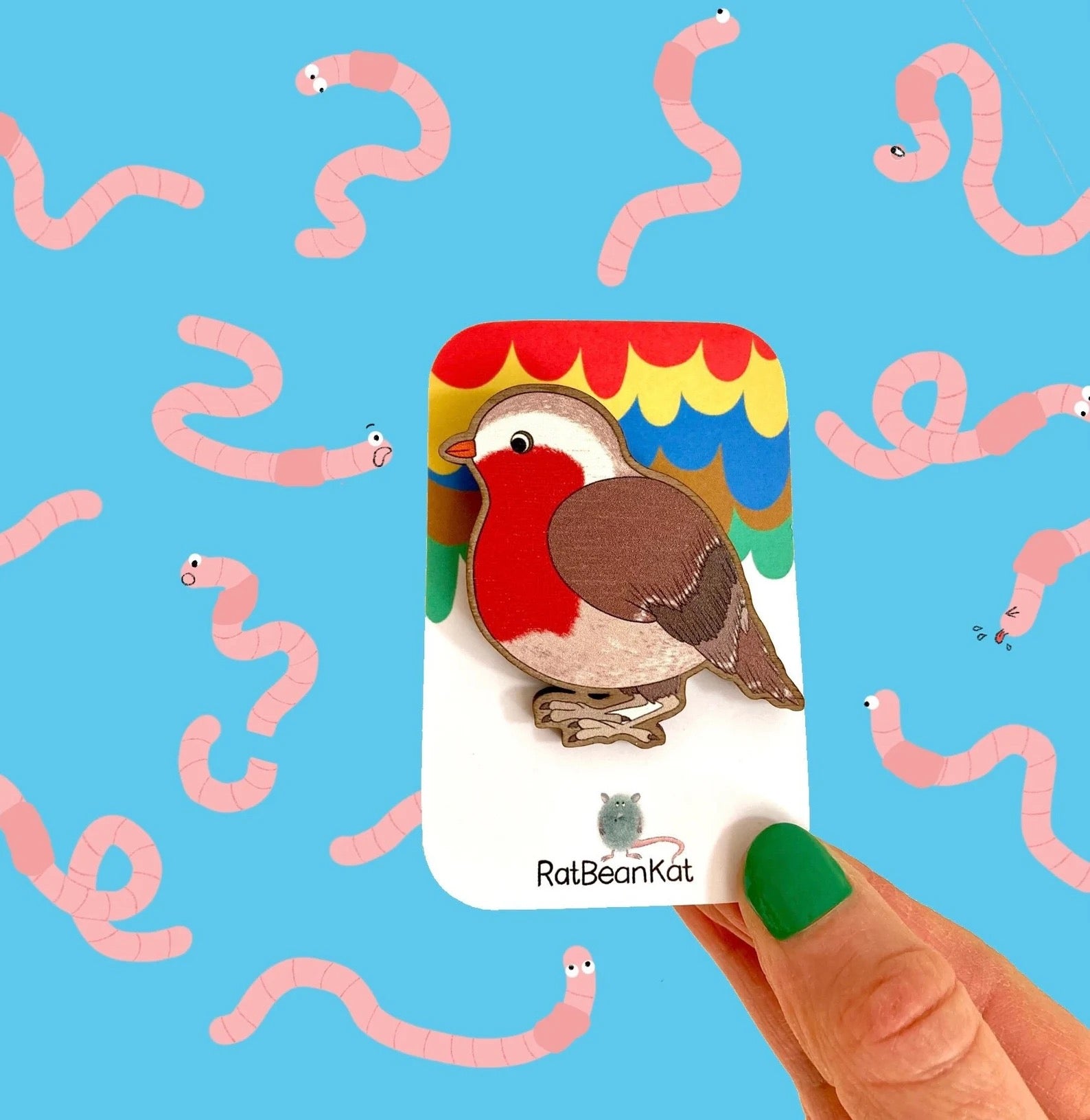 Little Wooden Robin Brooch - Rat Bean Kat_Just Makers