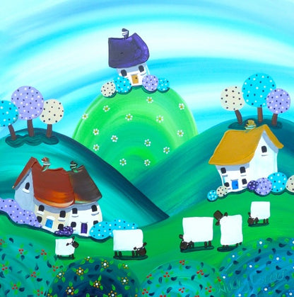 Colorful illustration of a village with houses and sheep on a blue and green background_Just Makers
