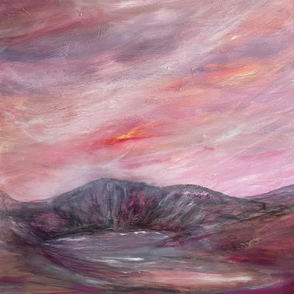 An impressionistic landscape painting of a mountain range under a dramatic pink and purple sunset sky, with a small bright orange glow near the horizon.
