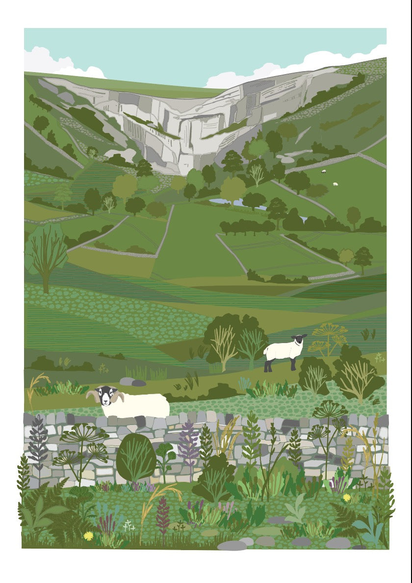 Illustration of a landscape with rolling hills, trees, and sheep.
