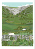 Illustration of a landscape with rolling hills, trees, and sheep.