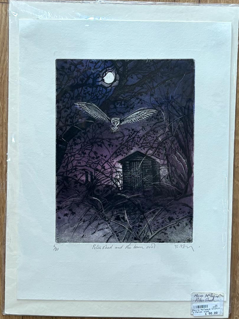 McTague_Moira_Pete_s_shed_and_the_barn_owl_._Etching_Just Makers