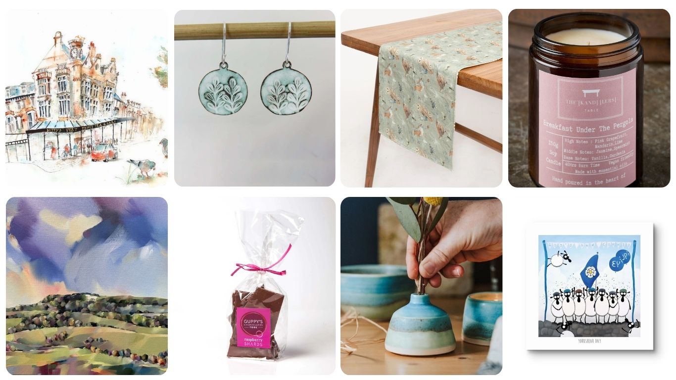 Collage of various products including earrings, candles, and artwork.