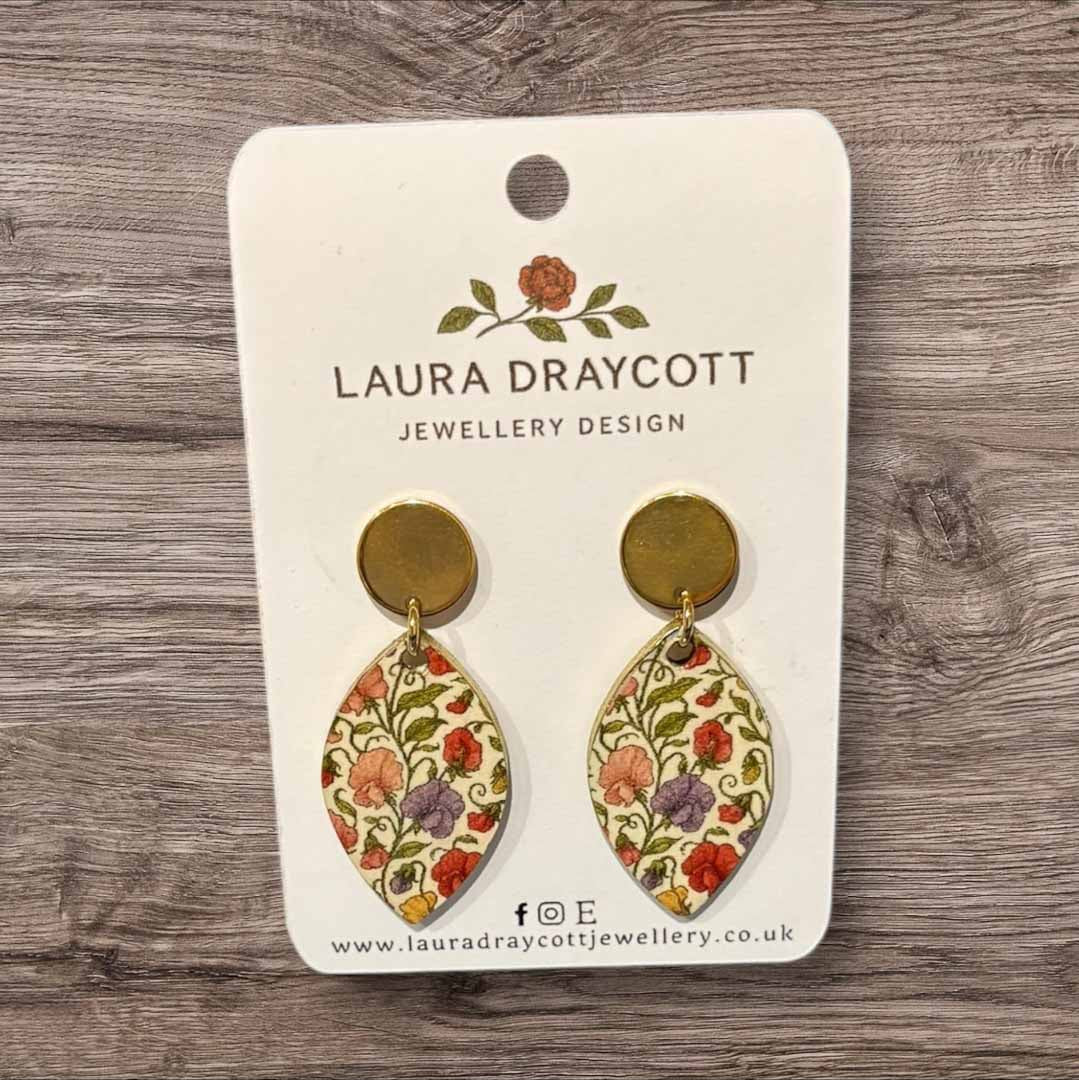 Multi Flower Pattern Tear Drop Wooden Earrings - Laura Draycott - Just Makers Laura Draycott