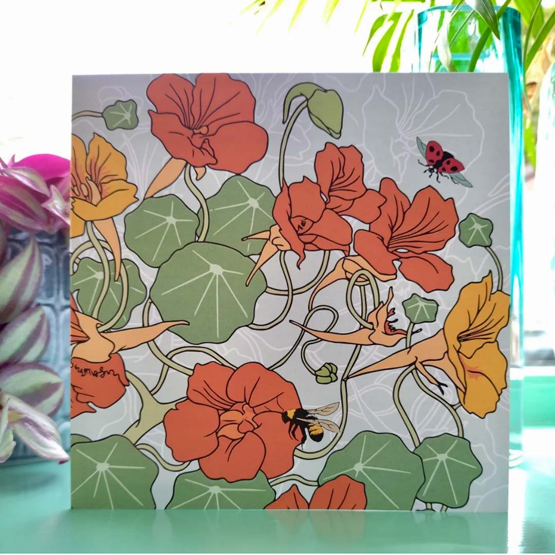 Nasturtiums with Bee and Ladybird Greeting Card - Umbellifer_Just Makers