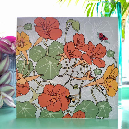 Nasturtiums with Bee and Ladybird Greeting Card - Umbellifer_Just Makers