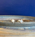 A pair of small silver starburst stud earrings resting on the rim of a speckled ceramic dish against a dark blue background.