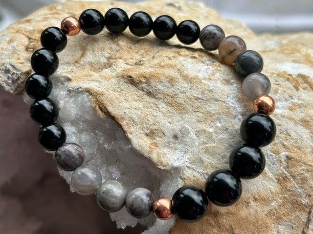 Obsidian, Petrified Wood and Copper Men&