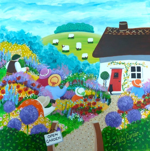 Colorful painting of a garden scene with a house and people tending to plants_Nikky Corker_Just Makers