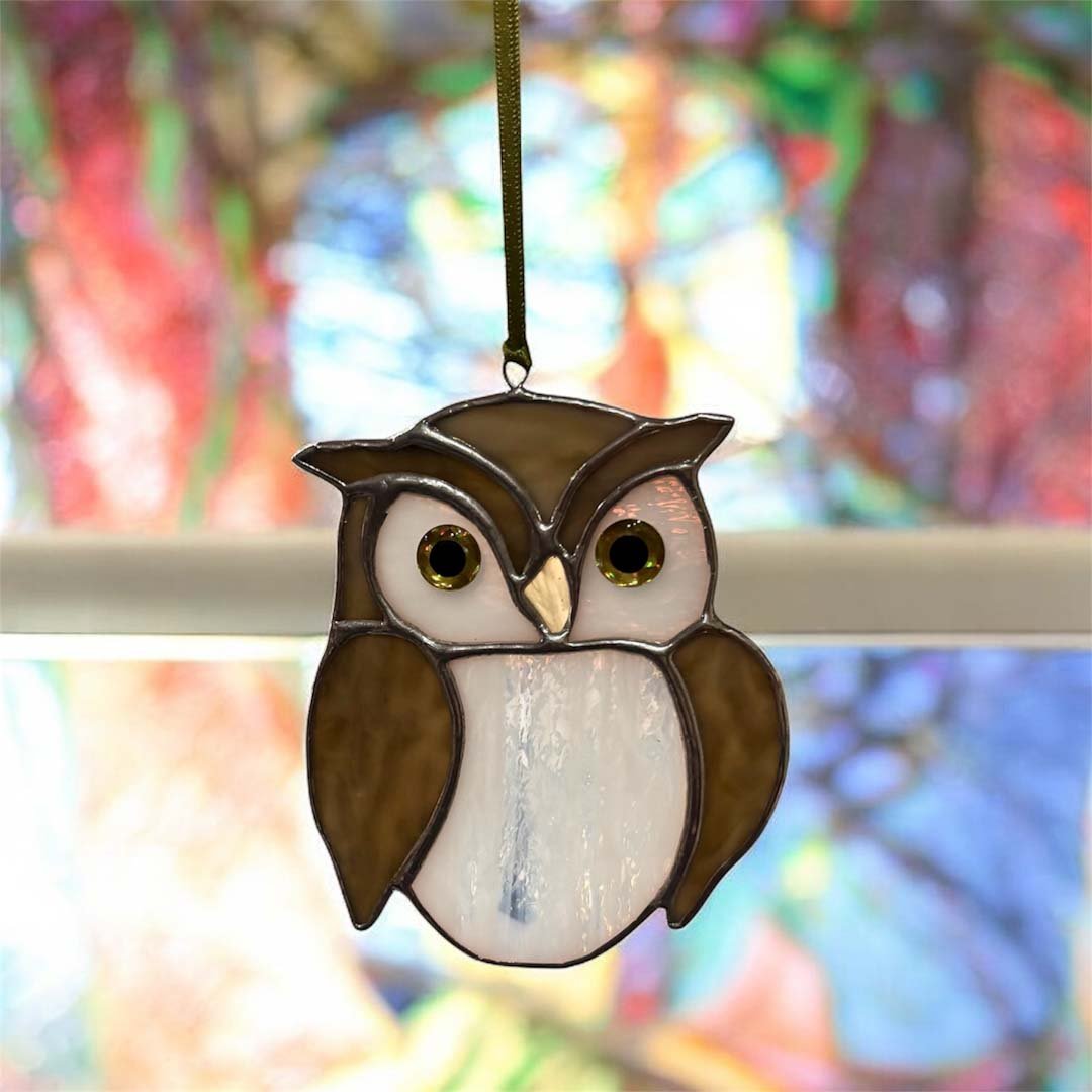 Owl Stained Glass Hanging Decoration - Dragonfly Glass Art - Just Makers Dragonfly Glass Art