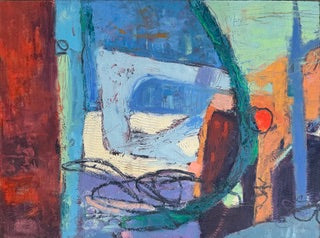 An abstract painting with expressive brushstrokes in blue, teal, orange, red, and white, featuring geometric and organic forms.