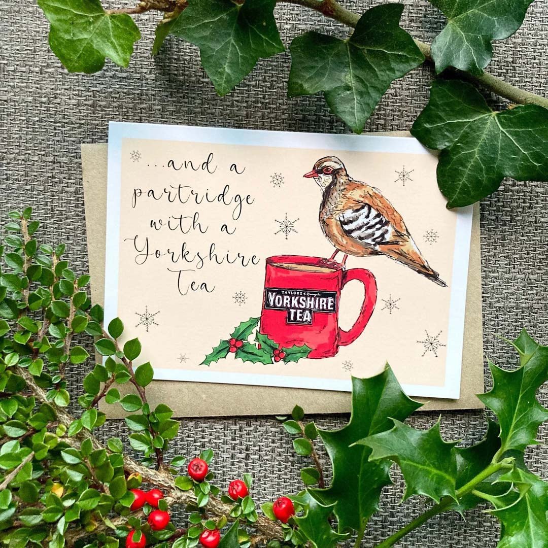 Partridge with a Yorkshire Tea Christmas Card - HD Designs - Just Makers HD Designs