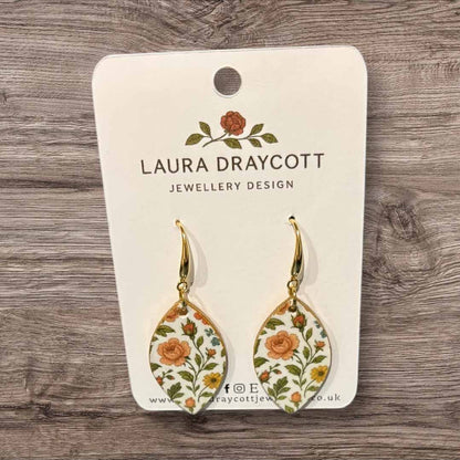 Pink Rose Tear Drop Wooden Earrings - Laura Draycott_Just Makers