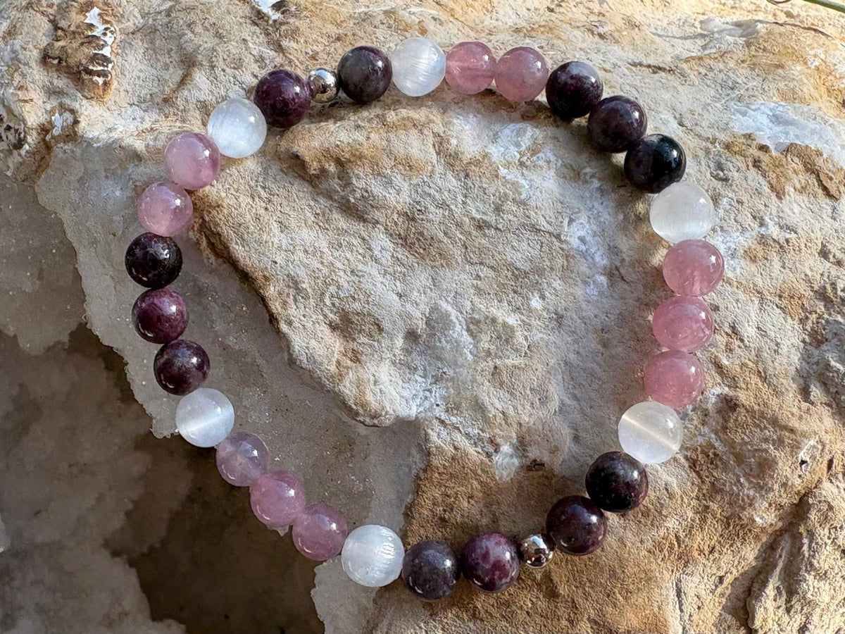 Pink Tourmaline, Rose Quartz &amp; Selenite Bracelet - Hart, Body and Soul_Just Makers