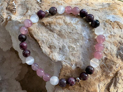 Pink Tourmaline, Rose Quartz &amp; Selenite Bracelet - Hart, Body and Soul_Just Makers
