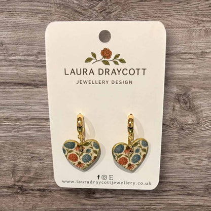 Pink and Blue Floral Heart Drop Earrings - Laura Draycott_Just Makers