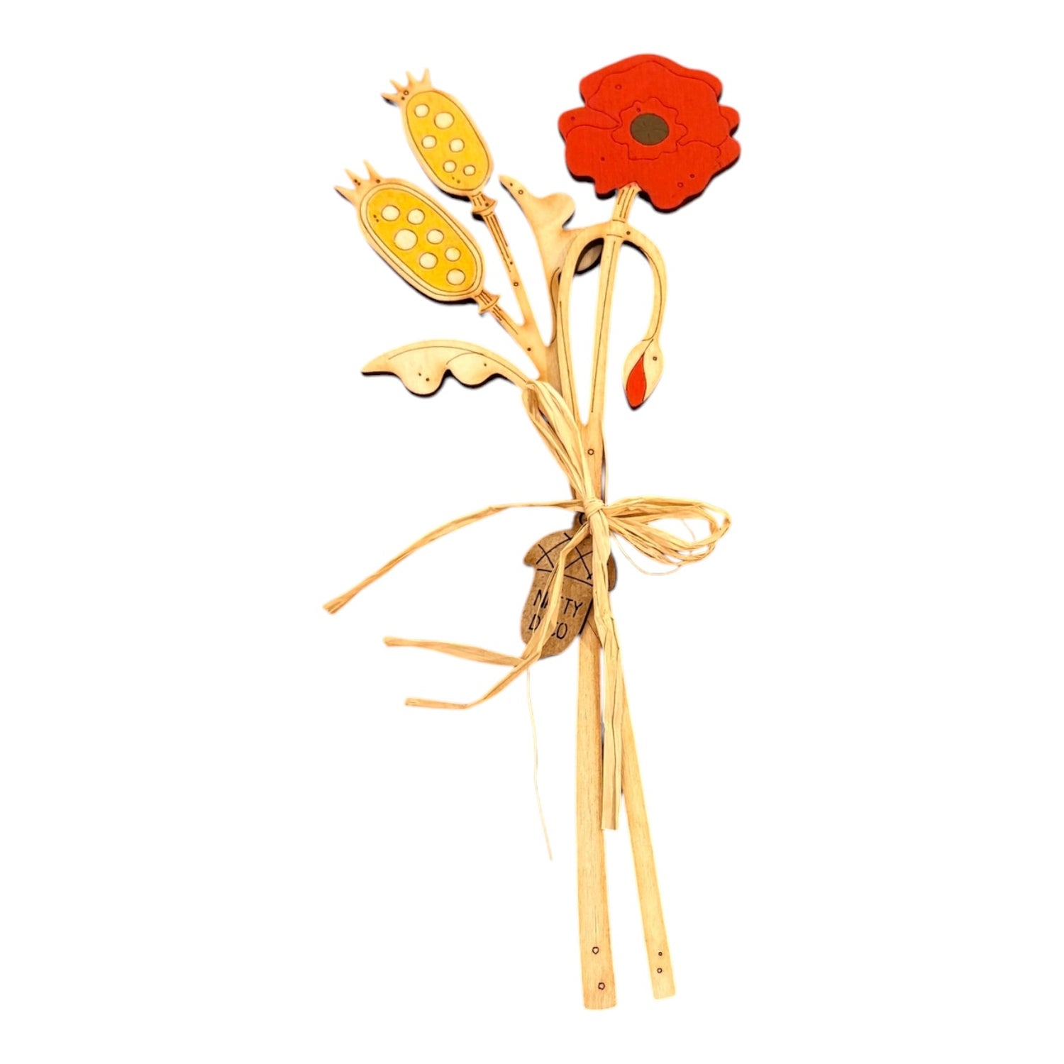 A decorative wooden flower stem ornament with a bright red poppy-style flower head, yellow seed pods, light natural wood leaves and stems, and a small brown butterfly attached near the center, tied with thin string against a plain white background.