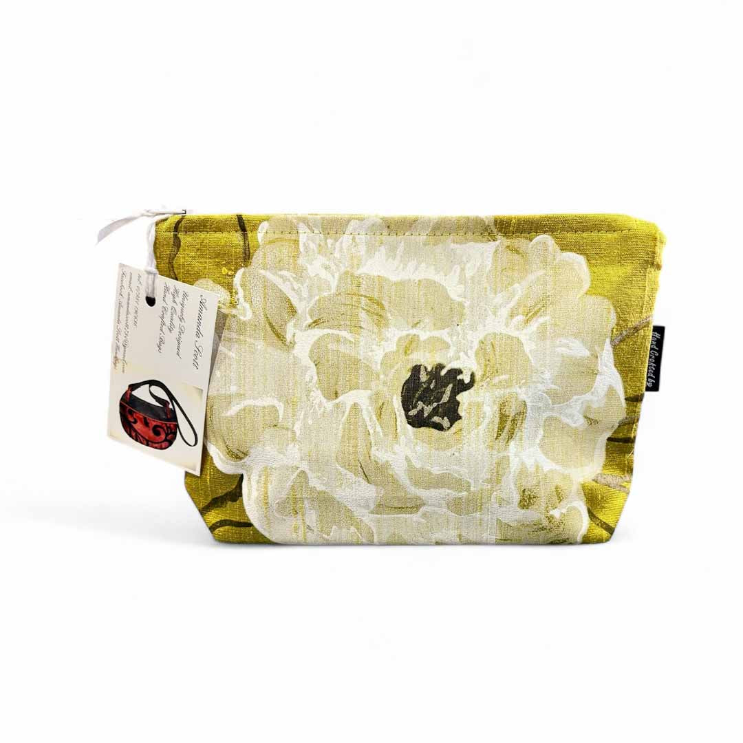 Printed Mustard Silk Make Up Bag - Amanda Scott_Just Makers