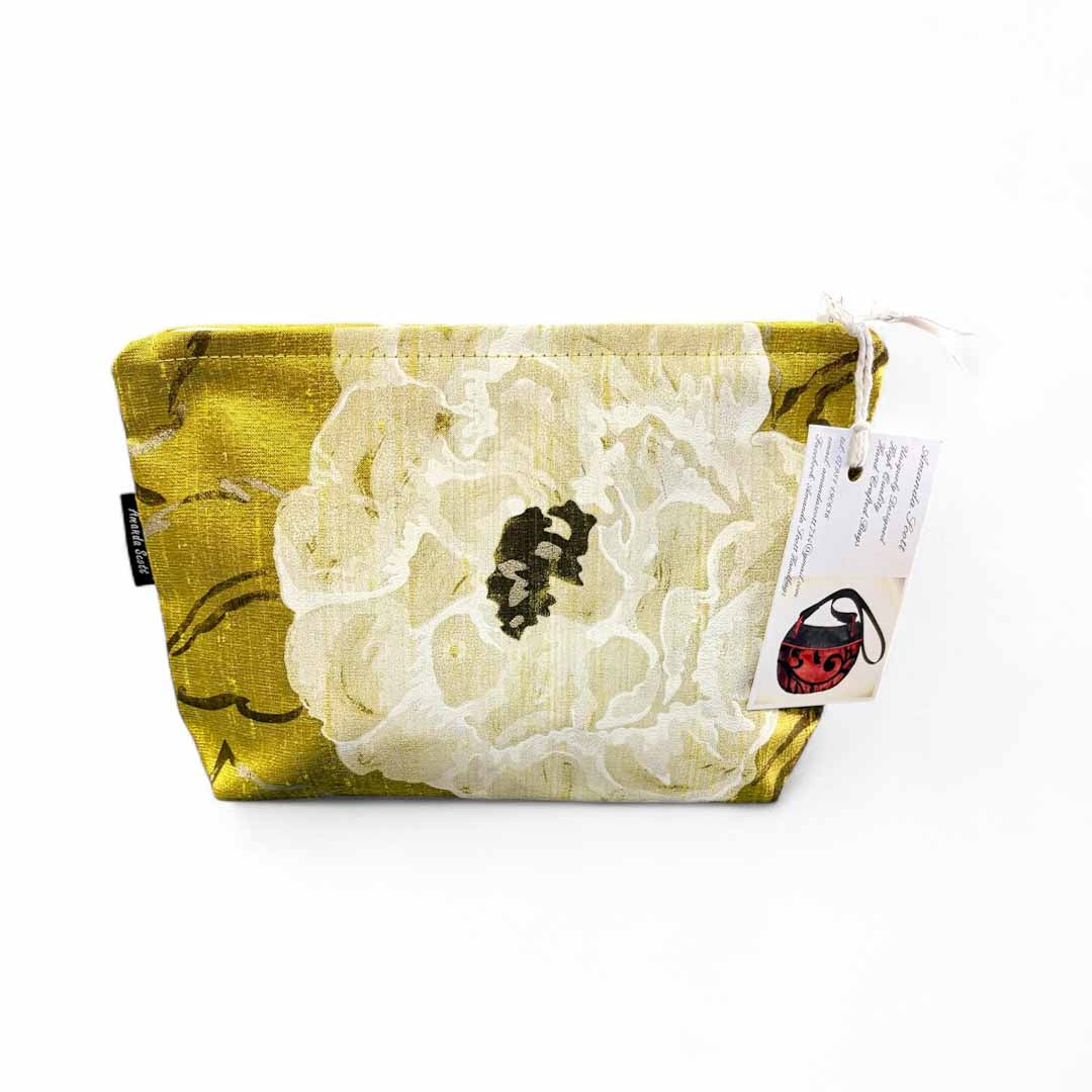 Printed Mustard Silk Make Up Bag - Amanda Scott_Just Makers