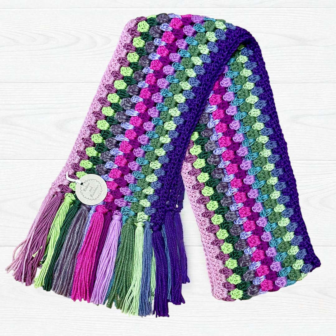 Purple, Pink and Green Crocheted Scarf - Robins and Rainbows_Just Makers