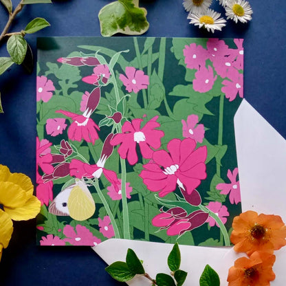 Red Campion and White Butterfly Greeting Card - Umbellifer_Just Makers
