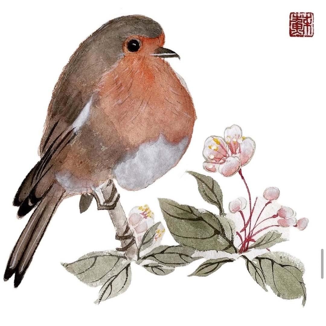 Robin with Crabapple Blossom Greeting Card - Su Yao_Just Makers