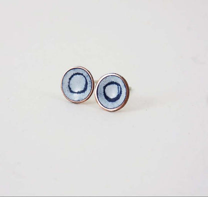 Round Copper Stud Earrings with Blue and White Enamel by 830 Degrees_Just Makers