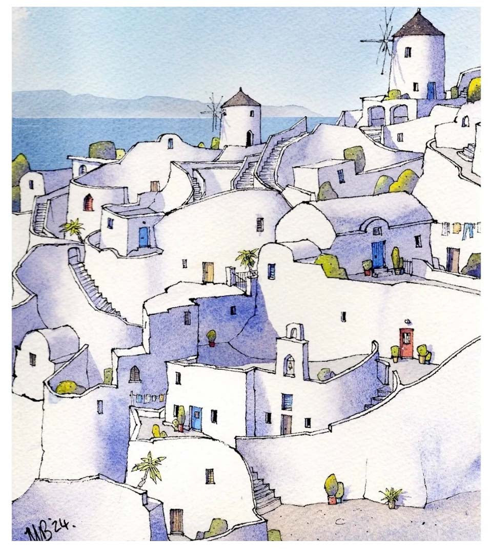 Santorini A4 Mounted Print - Matty Burnham_Just Makers