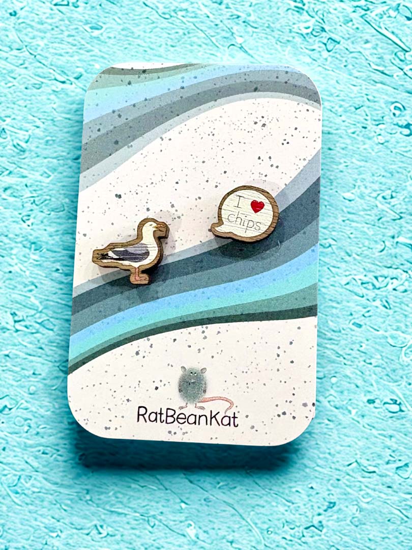 Seagull Loves Chips Wooden Earrings - Rat Bean Kat_Just Makers