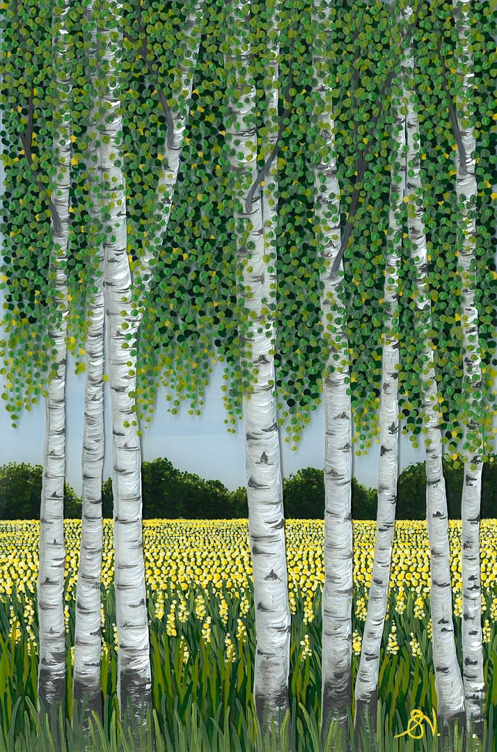 Silver Birch Across Rapeseed Framed Original - Sarah Jane Nicholls_Just Makers