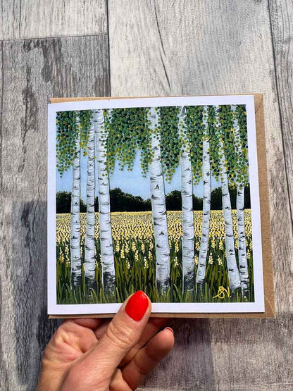 Silver Birch Across Rapeseed Greeting Card - Sarah Jane Nicholls - Just Makers Sarah Jane Nicholls