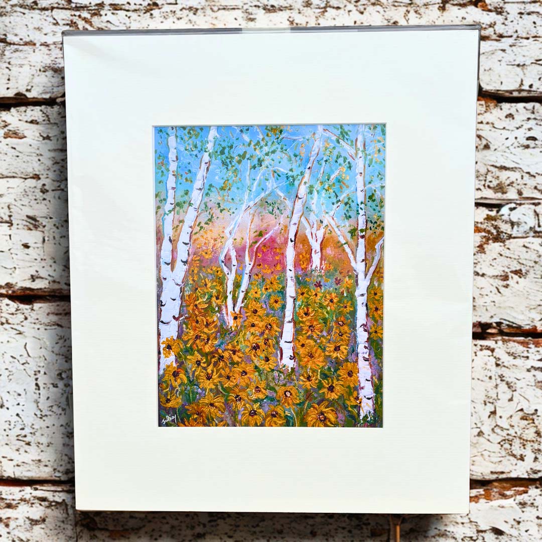 Silver Birch with Sunflowers Mounted Print - Julia Wardingley_Just Makers